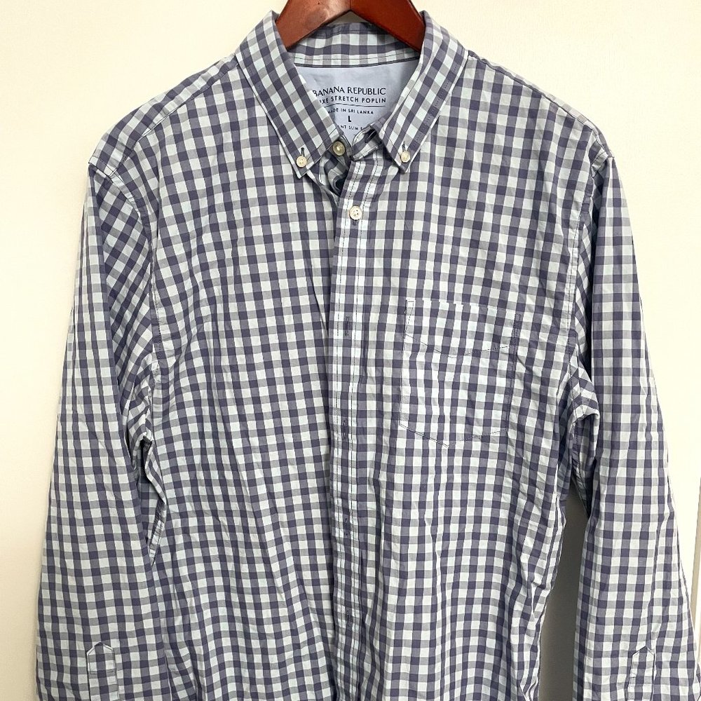 Banana Republic Luxe Stretch Poplin Plaid button-up Shirt SZ L Grant Slim Fit